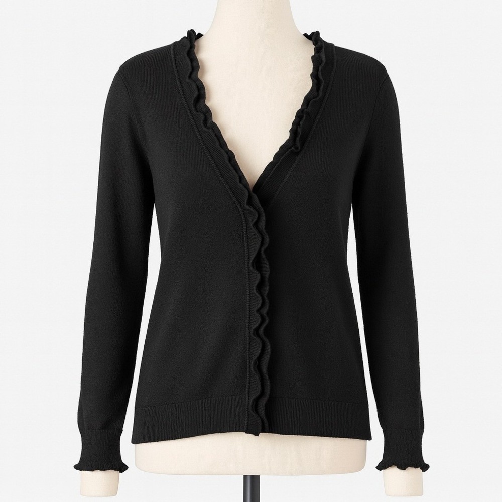 J Crew Whimsigoth Lambs Wool Cardigan Size M‎ Black Ruffle Dark Romantic Preppy